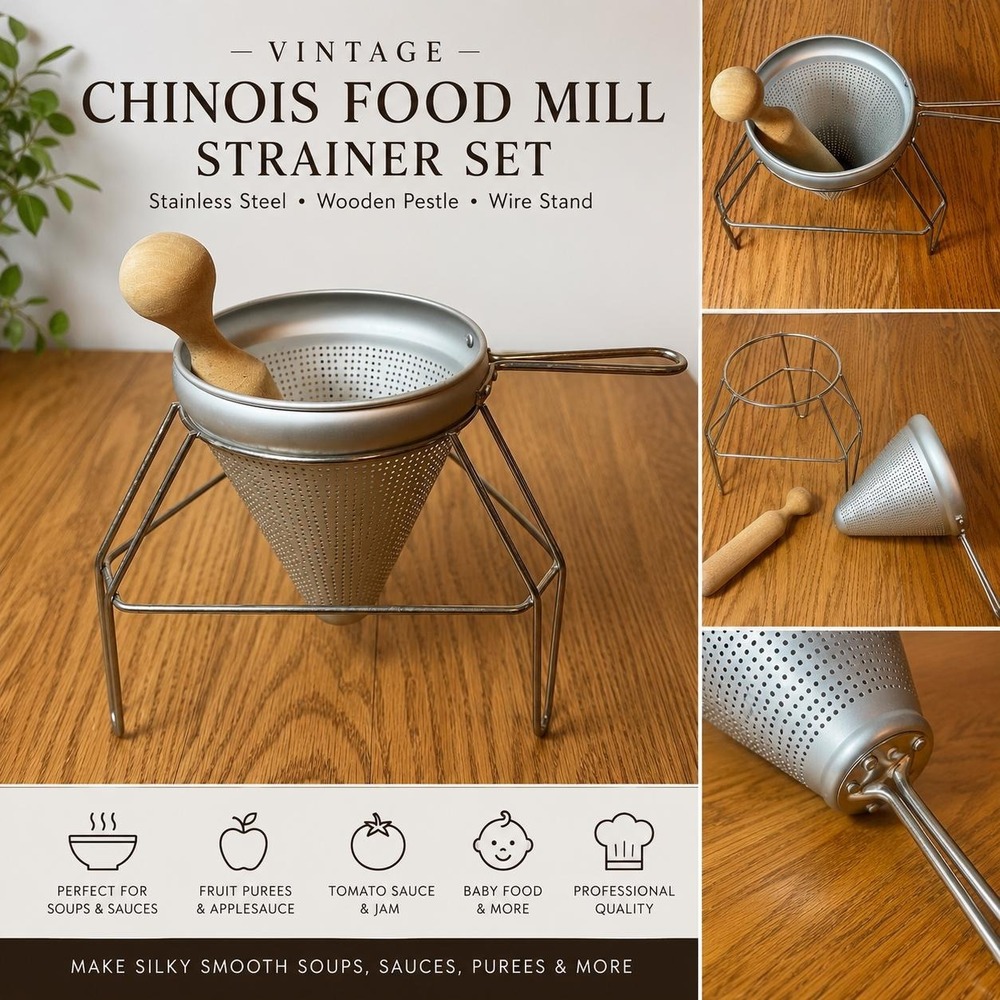 Vintage Stainless Steel Chinois Cone Strainer w/ Stand & Wooden Pestle